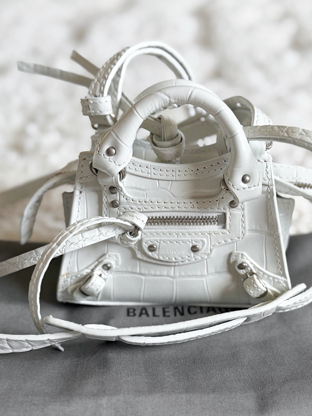 Balenciaga nano mini croc embossed white leather city bag crossbody